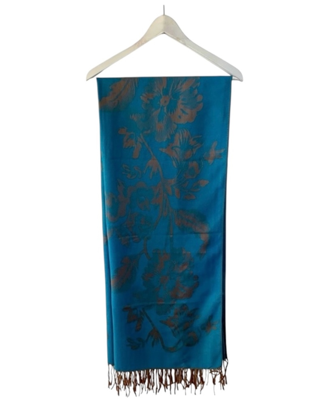 Pashmina Shawl Floral Blue & Tan Boho Scarf Fringe Lightweight Layer